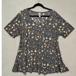 LuLaRoe Irma Tunic Top Womens XL Gray Floral Geometric Short Sleeve High Low Hem